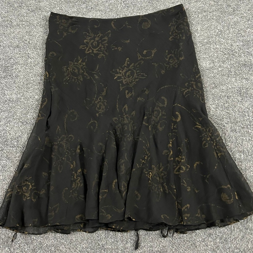 Lauren Ralph Lauren Skirt Womens Size M Black Gold Floral Metallic Flared Hem